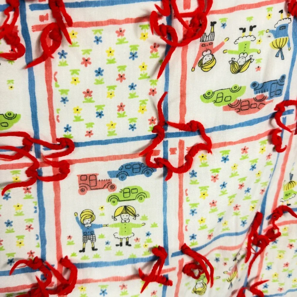 Vintage Handmade Tied Baby Quilt Nursery‎ Children Cars Alphabet Print 41x52